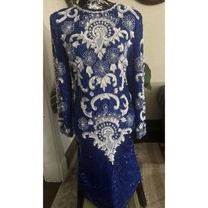 vtg Eves Allure Dress Blue Silk Sequins Beaded 90s Formal small gorgeous